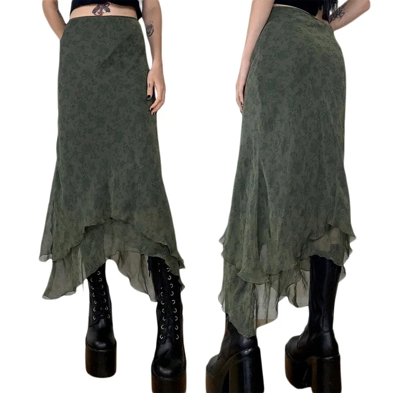 Znbbw Long Skirts Boho Fairyore Grunge Retro Skirts Kawaii Holiday Brown Pleated Cute Party Skirts Women Streetwear Clothes