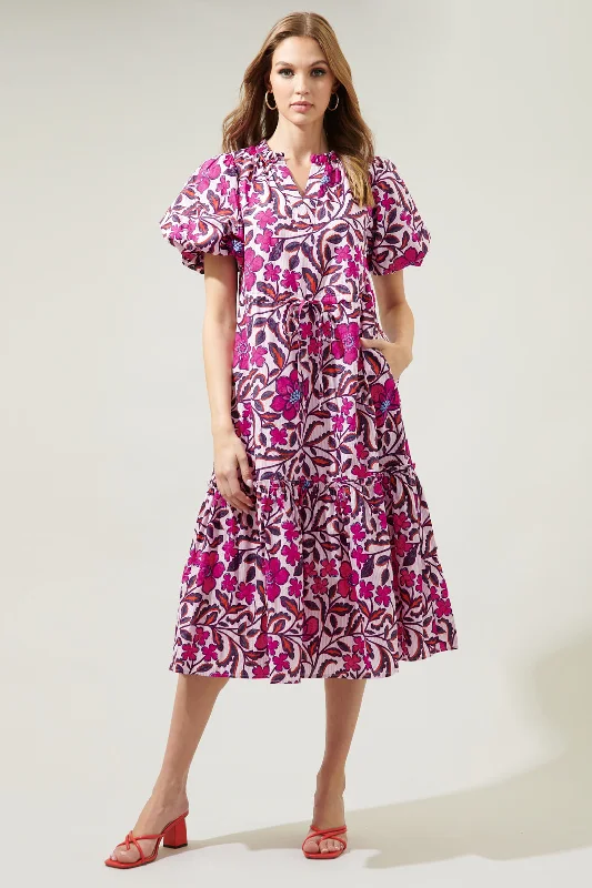 Aubrey Floral Ginny Bubble Sleeve Midi Dress