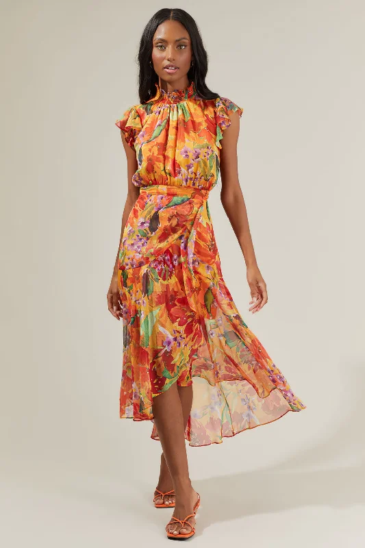 Delilah Floral Blouson Drape Tiered Midi Dress