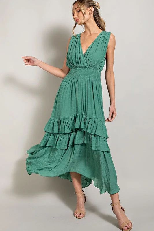 Sleeveless V-Neck Tiered Casual Maxi Dress