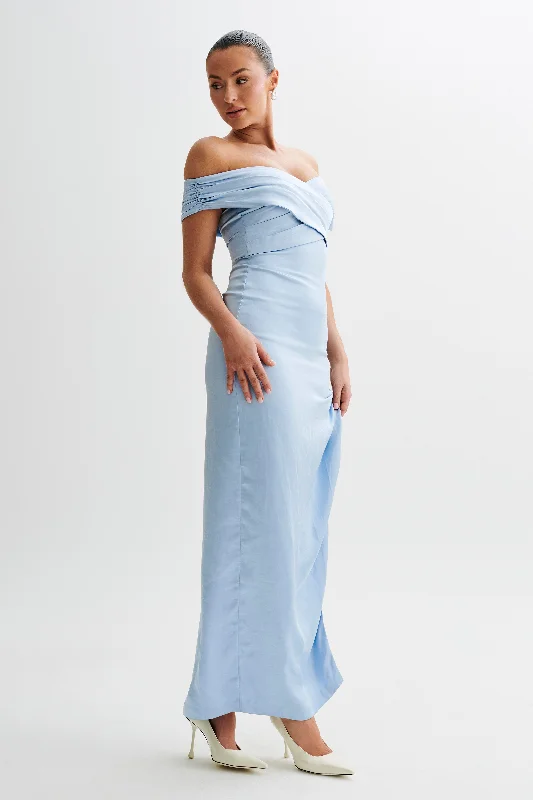 Harley Off Shoulder Satin Maxi Dress - Cornflower Blue