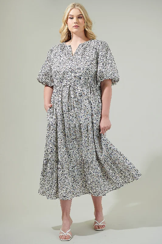 Heath Floral Balloon Sleeve Tiered Midi Dress Curve