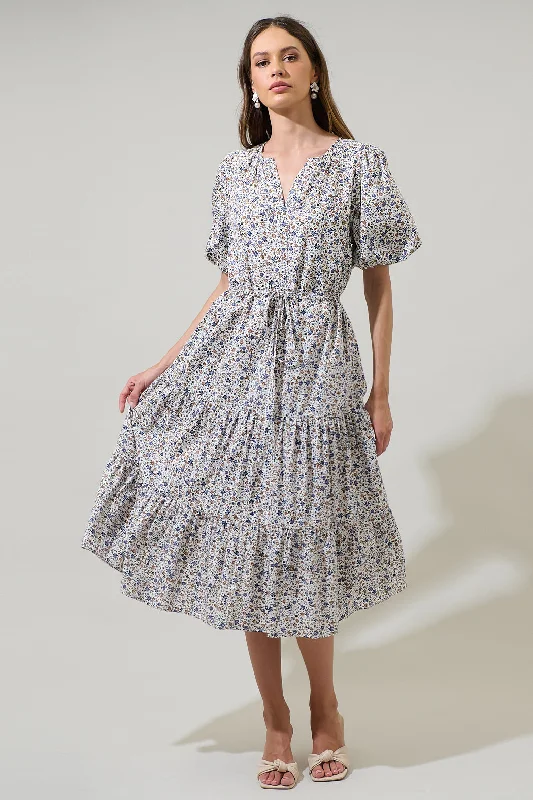 Heath Floral Balloon Sleeve Tiered Midi Dress