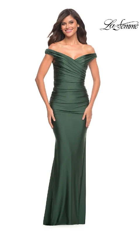 Emerald Green Off-Shoulder La Femme Prom Dress