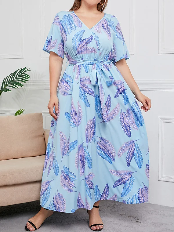 Plus Size Printed Surplice Short Sleeve Maxi Dress