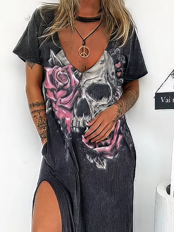 Skull Print V-neck Short Sleeve Loose Slit Dress