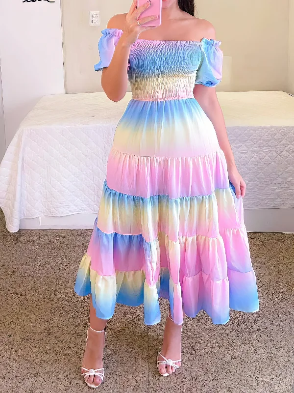 Women's Dresses One-Shoulder Rainbow Striped Short Sleeve Dress