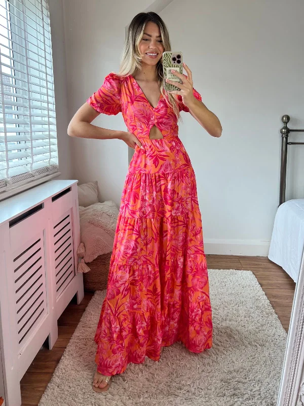 Zoe Tiered Cutout Maxi Dress / Pink & Orange Palm