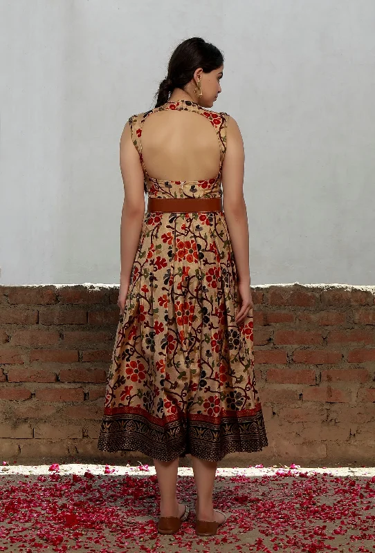 Beige Kalamkari Printed Cotton Silk Box Pleated Long Dress