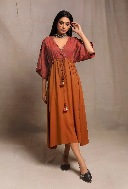 Brick-Orange V Neck Front Tie Kaftan dress