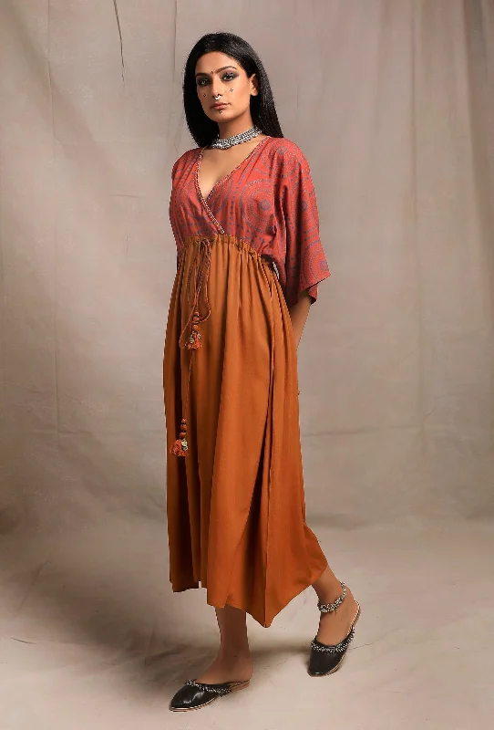 Brick-Orange V Neck Front Tie Kaftan dress