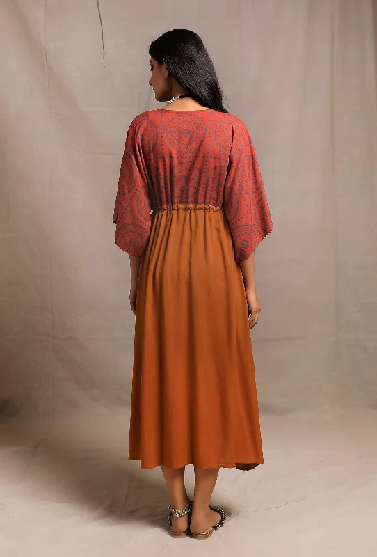 Brick-Orange V Neck Front Tie Kaftan dress