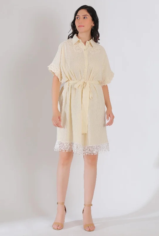 Creme White Front Open Shirt Dress With Lack Work & Belt Tie-Up