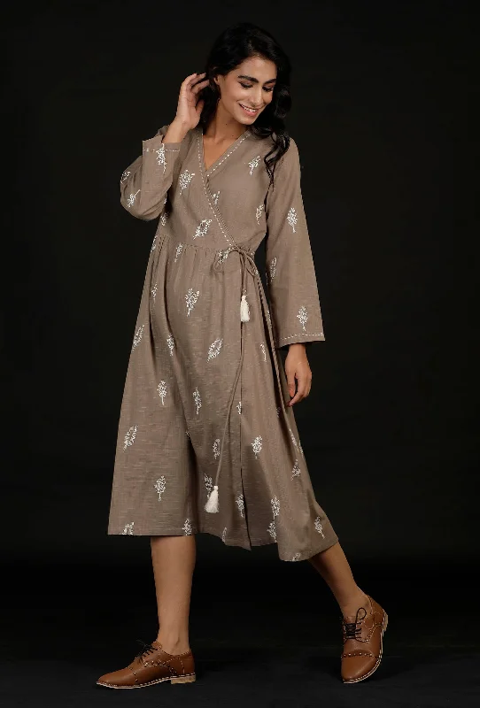 Okra Beige Block printed Angrakha Cotton Dress